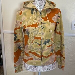 Vintage LUCKY BRAND Hoodie Japanese Asian Theme Crane RARE Print Y2K Size S